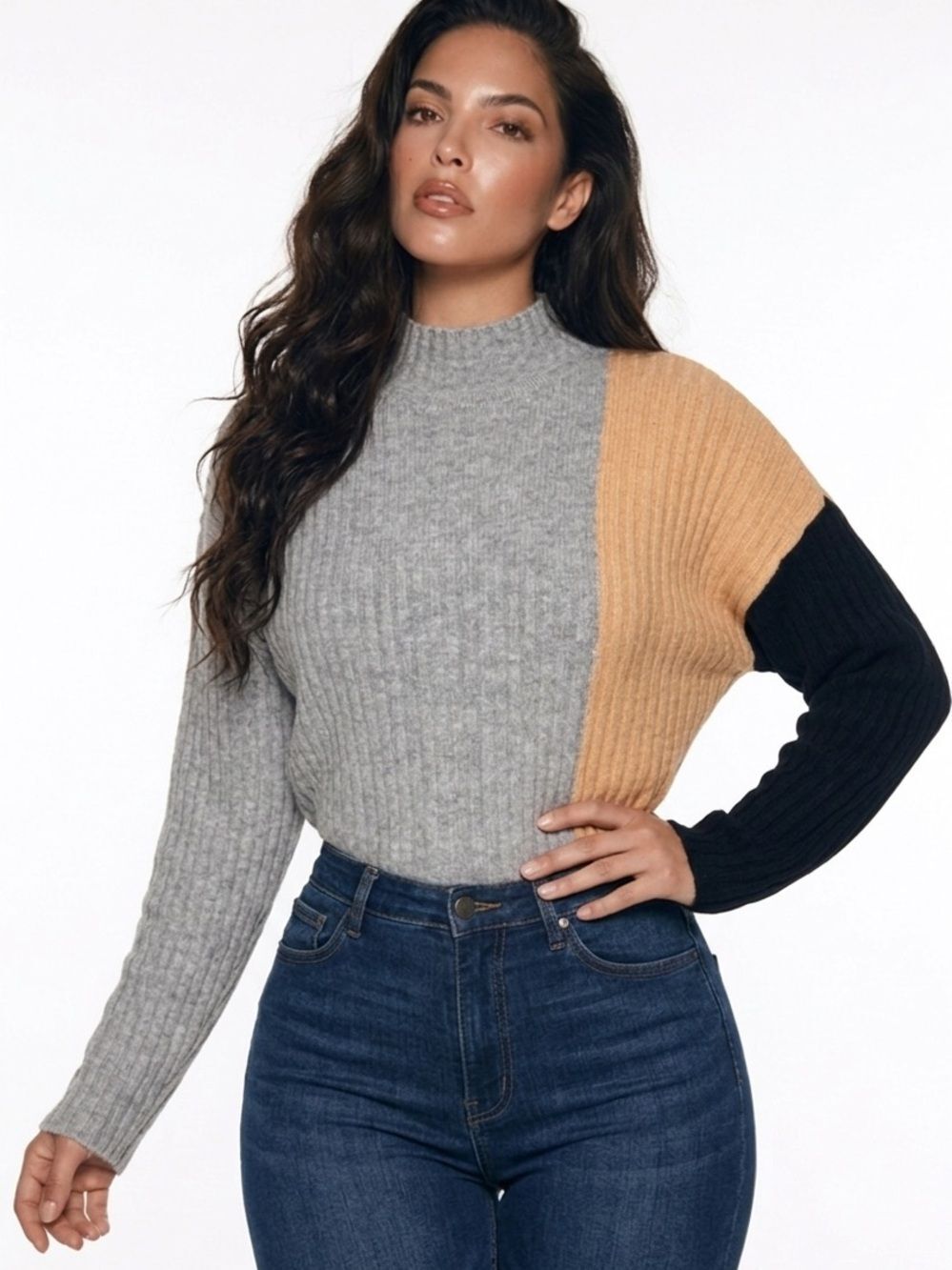CALVIN KLEIN | Colorblock Gray Tan Black Mock Neck Tunic Sweater Women’s Size M